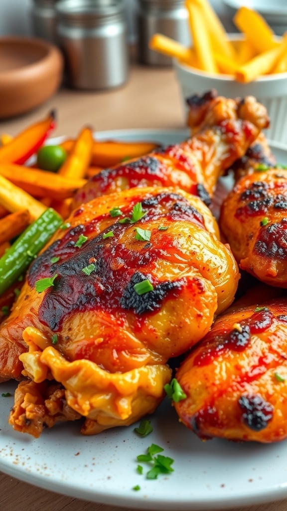 A delicious air fryer meal featuring crispy chicken, roasted vegetables, and fries on a plate.